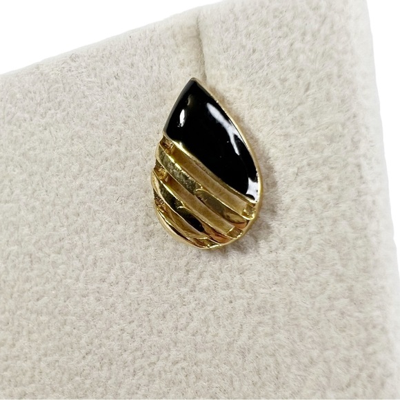 HR Stamped Gold Tone Black Enamel Teardrop Raindrop Pierced Earrings - Picture 3 of 9